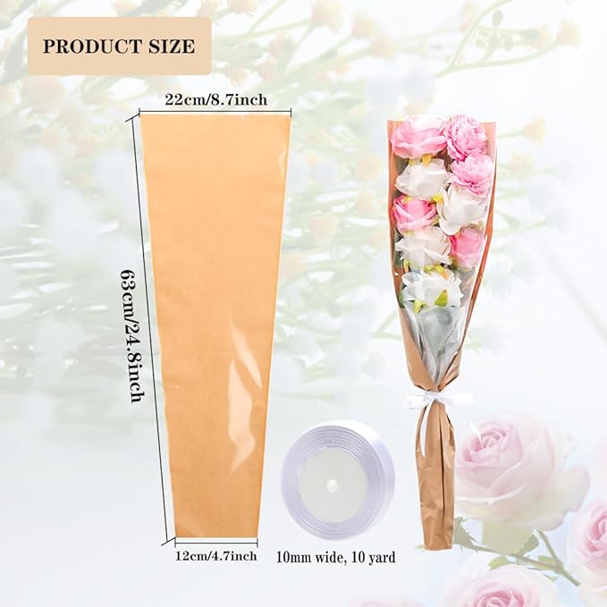 HSONAIGEE 50 Pieces Flower Bouquet Wrapping Paper, 24.8 x 8.7 x 4.7 Inch Flower Bags for Bouquets Kraft Floral Wrap Sleeves with Ribbons for Home Mother’s Day Wedding Flower Bar Supplies