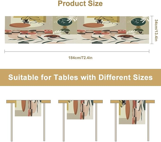 Mid Century Table Runner,Abstract Boho Plant Leaf Botanical Cat Modern Geometric Pattern Print Burlap for Hotel Indoors Outdoor Dining Room Kitchen Home Decor, 13x80in