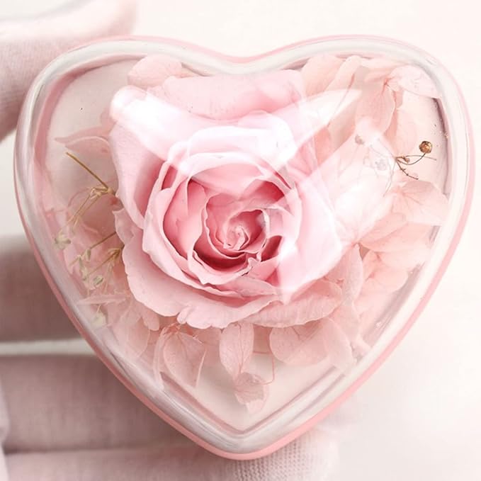 Preserved Flower Rose Ring Box, Heart Shape Velvet Jewelry Box for Valentine's Day Mother's Day Wedding Anniversary Birthday Gift, Pink