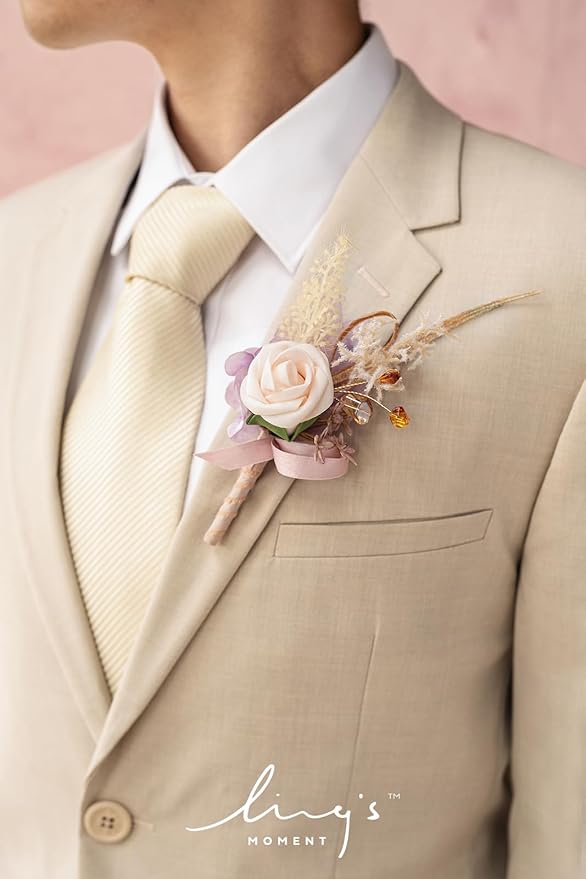 Ling's moment Boutonniere for Men, 6pcs Groom Groomsmen Boutonniere, Artificial Flowers for Wedding Decor/Prom/Homecoming, etc.Purple Lilac Boho