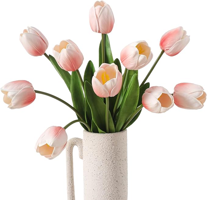 10PCS Artificial 18.5" Long Stem Blush Pink Tulips Bouquet PU Flowers, Fake 6 Color Tulip Faux Flowers with Bendable Stems for Floral Table Wedding Home Decor