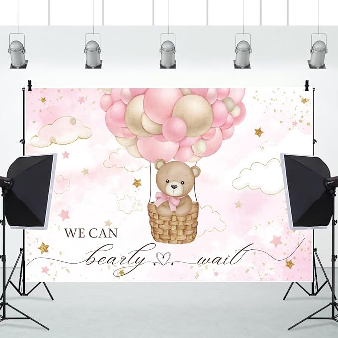 ChloropLastid We Can Bearly Wait Baby Backdrop 12x10ft Girl Bear Hot Air Balloon Baby Shower Photography Background Pink Balloons Clouds Stars Baby Party Cake Photo Decoration