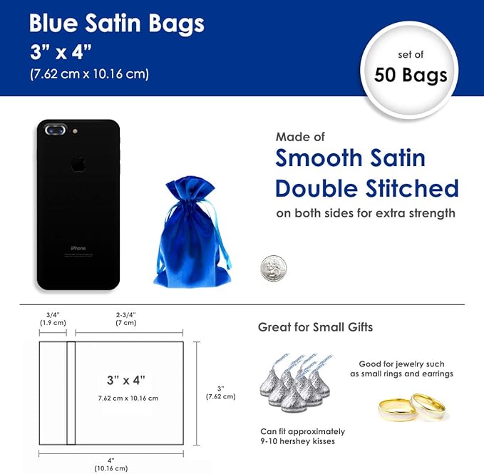 3" x 4" Blue Satin Gift Bags, Jewelry Bags, Wedding Favor Silky Drawstring Bags Baby Shower Christmas Gift Bags 50 per Pack