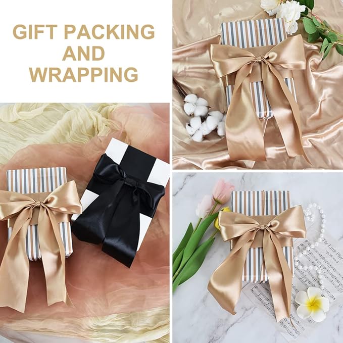 TONIFUL Champaign Gold Satin Ribbon 3 Inch X 25yds Solid Silk Ribbons for Gift Wrapping, Craft, Floral Bouquets, Valentine's Day Christmas Gift Wrapping, Party Wedding Decoration