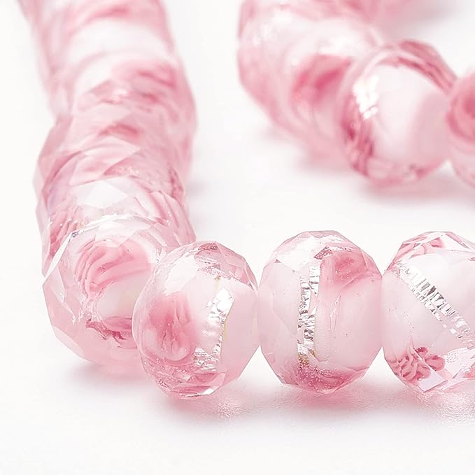 PH PandaHall 45pcs 11~12mm Pink Rose Lampwork Glass Beads Silver Foil Glass Flower Beads Floral Handmade Lampwork Bead with 1.6~2mm Hole Round Loose Bead for Rosary Making Jewelry Craft Making