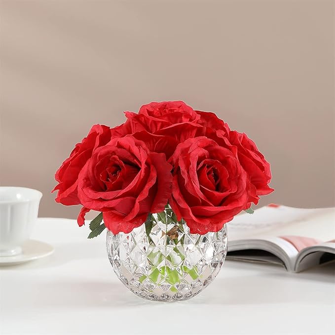 7 Large Stem Rose Red Artificial Flowers in Vase, Silk Flowers Arrangement in Round Glass Vase Without Water for Home Decor, Wedding Table (Red)