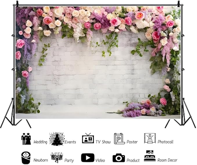 8x5ft Retro White Brick Wall Floral Backdrop Romantic Roses Vine Leaves Photography Background Girls Birthday Party Wedding Bridal Shower Flowers Brick Wall Decoration Supplies Photo Booth Props