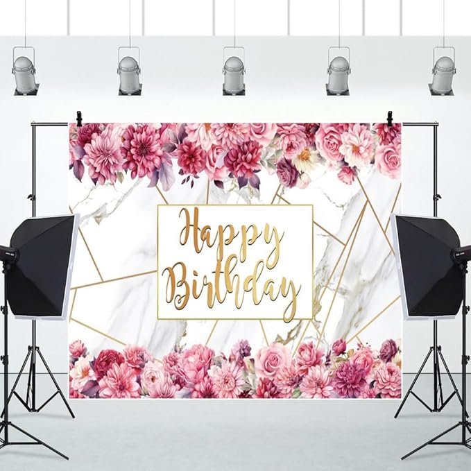 10x8ft Pink Floral Birthday Backdrop Girl Birthday Party Photography Background Watercolor Flower Marble Princess Women Bday Decorations Banner Cake Smash Photo Studio Props
