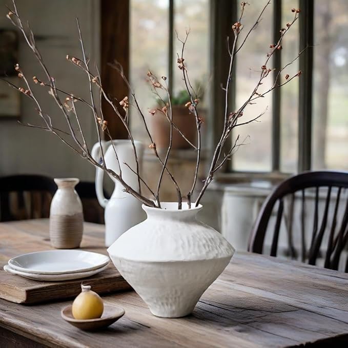 GeLive Rustic White Ceramic Vase, Handmade Vintage Pottery Jar, Table Centerpiece Flower Vase Porcelain Waterproof for Fresh Dried Plants, Farmhouse Wabi Sabi Art Home Decor