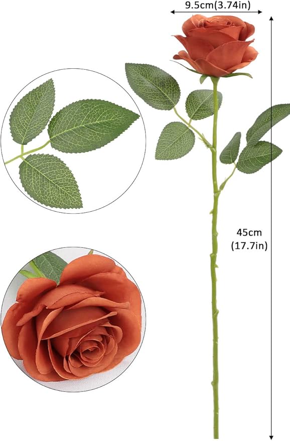 12pcs Roses Artificial Flowers Burnt Orange Fake Roses Flowers with Long Stems Silk Flowers for Wedding Bouquet Centerpices Decorations Party Bridal Baby Shower Home Decor