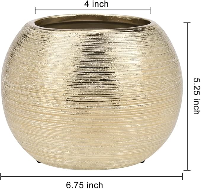 Gold Ceramic Flower Vase Home Decor Vase Centerpieces Vases Metallic Round Bowl Vases for Living Room,Bedroom,Kitchen,Countertop (Gold), Dia 7'' (21005-GD)