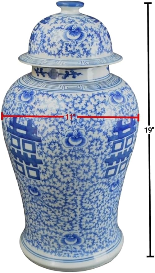 19" Antique Like Finish Blue and White Ginger Jars Porcelain Temple Ceramic Ginger Jar Vase, Double Happiness China Ming Style, Jingdezhen(L16)