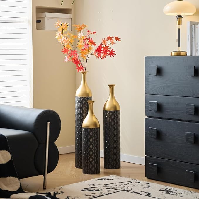 Floor Oversized Gold Metal Decorative Vase with 3D Triangle Pattern Set of 3 Large Vases for Home Living Room 33.5 ", 29.5 ", 25.2" High (Matte Black)