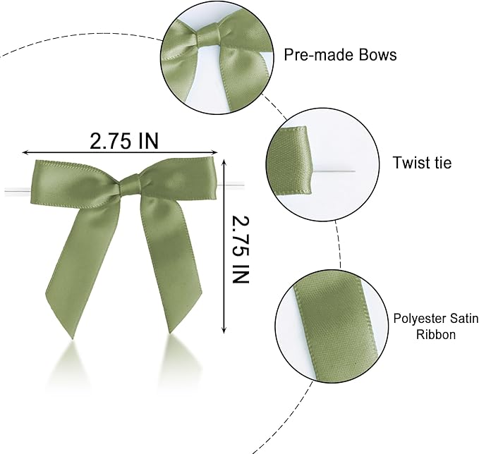 50 PCS Light Green Twist Tie Bows 2.5" Satin Ribbon Bows Decor for Gift Wrapping Craft Treat Bags Cake Pop Basket, Wedding Baby Shower Birthday Party Favors