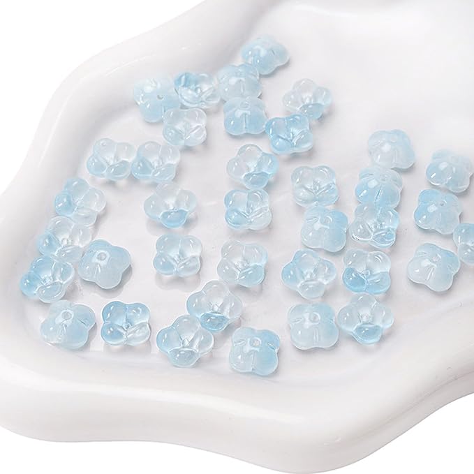 100PCS Glass Flower Beads for Jewelry Making 4 Petal Flower Bead Caps Gradient Cute Floral Beads Aesthetic Charms for Necklace Bracelets Earrings DIY Craft Home Decoration-Blue