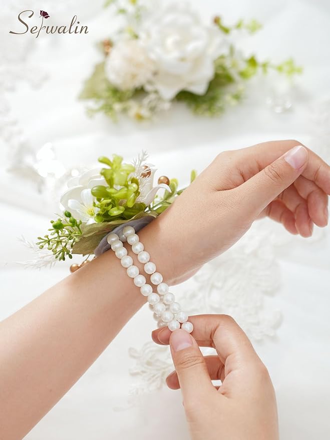 Serwalin Ivory White Wrist Corsage and Boutonniere Set 2pcs, 6-7inch Boutonniere for Men, Corsage Wristlet Wristband Prom Flower Wedding Flowers Accessories Prom Suit Decorations