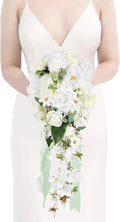 White Wedding Bouquets for Bride,10 Inch Fake Cascading Bridal Bouquet Silk Faux Flowers for Ceremony Anniversary Wedding Bridal Shower(White & Ivory)