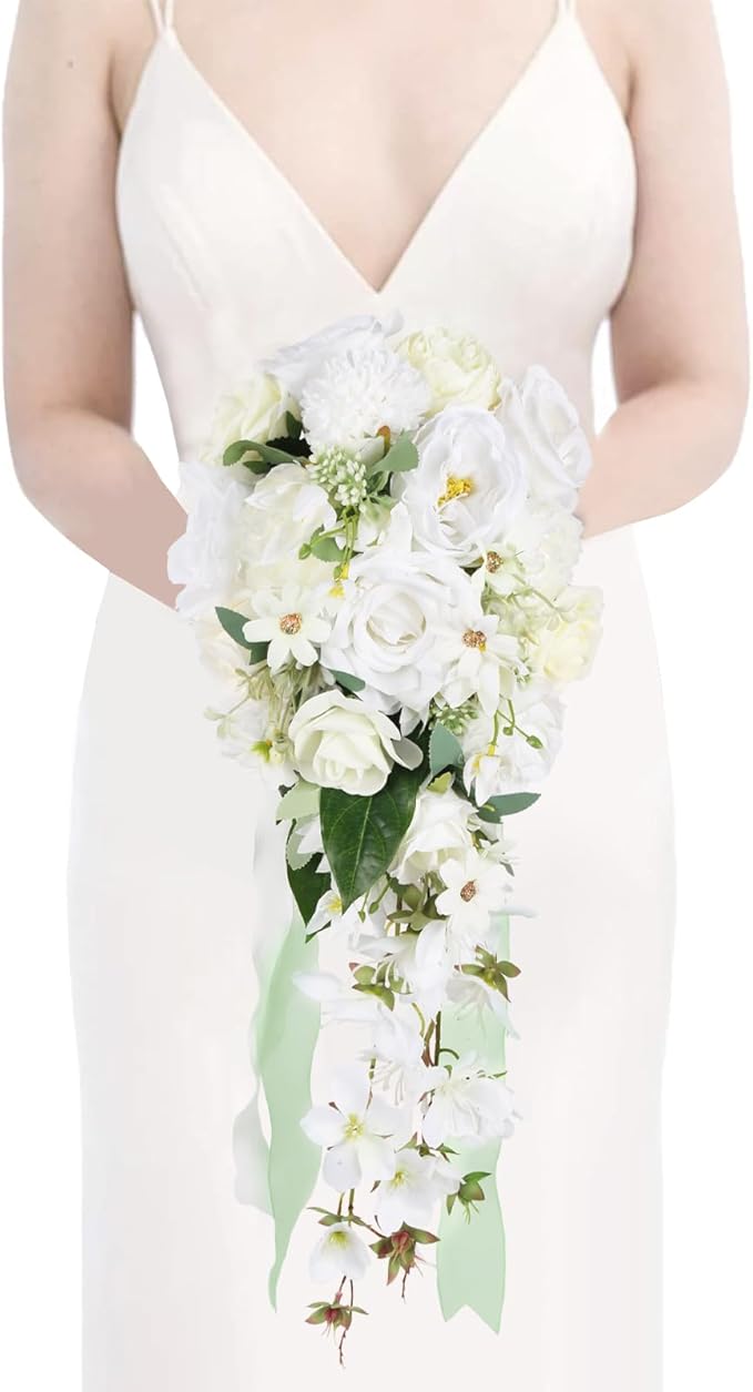 White Wedding Bouquets for Bride,10 Inch Fake Cascading Bridal Bouquet Silk Faux Flowers for Ceremony Anniversary Wedding Bridal Shower(White & Ivory)