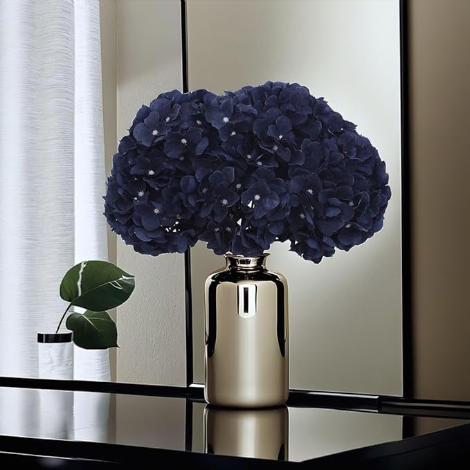 2Bouquets Artificial Fake Flowers Silk Hydrangea Arrangements Wedding Bouquets Decorations Plastic Floral Home Kitchen Garden Party Festival Bar DIY (Navy Blue)