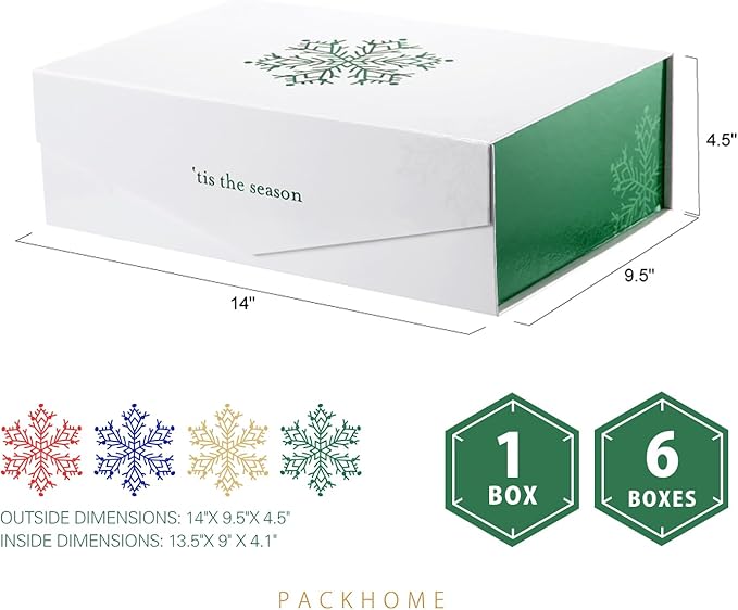 PACKHOME 6 Large Christmas Gift Boxes with Lids 13.5x9x4.1 Inches, Sturdy Collapsible Gift Boxes with Magnetic Closure (Green Snowflake Pattern)