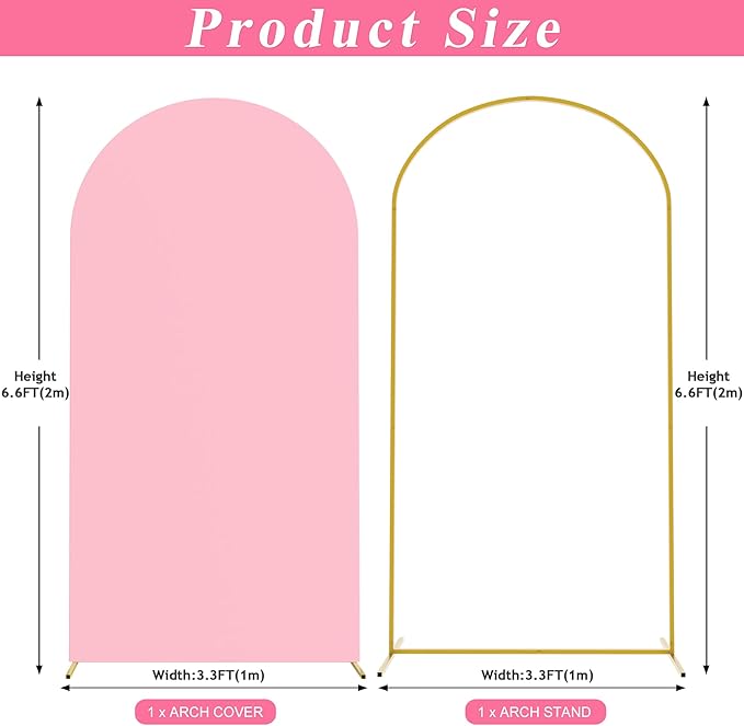 Putros 6.6ft Metal Arch Stand with Cover Pink Spandex Fitted Wedding Arch Cover and Round Top Chiara Backdrop Stand Set for Birthday Party Baby Shower Decoration