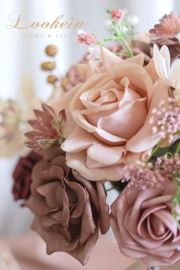 Lookein Artificial Flowers for DIY Wedding Decoration Bridal Bouquet Table Centerpieces Flower Wreaths Aisle Flowers Home Decor, Belle Dusty Rose