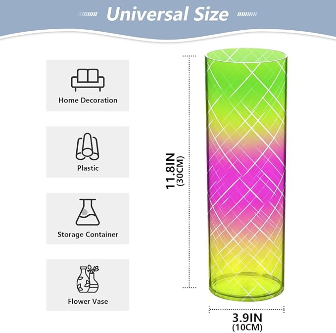Flower Vase Clear Plastic Cylinder Vases Decor for Centerpieces Home Storage Office Weddings Pink Yellow Gradient Plaid 11.8 x 3.9 in