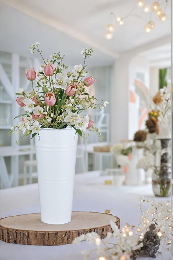 9 Inch Galvanized Metal Vases for Flowers - 6 Pcs Farmhouse Decorative Tall Flower Bucket with Handles, Rustic French Tin Planter Buckets for Wedding Decor (Pure White)