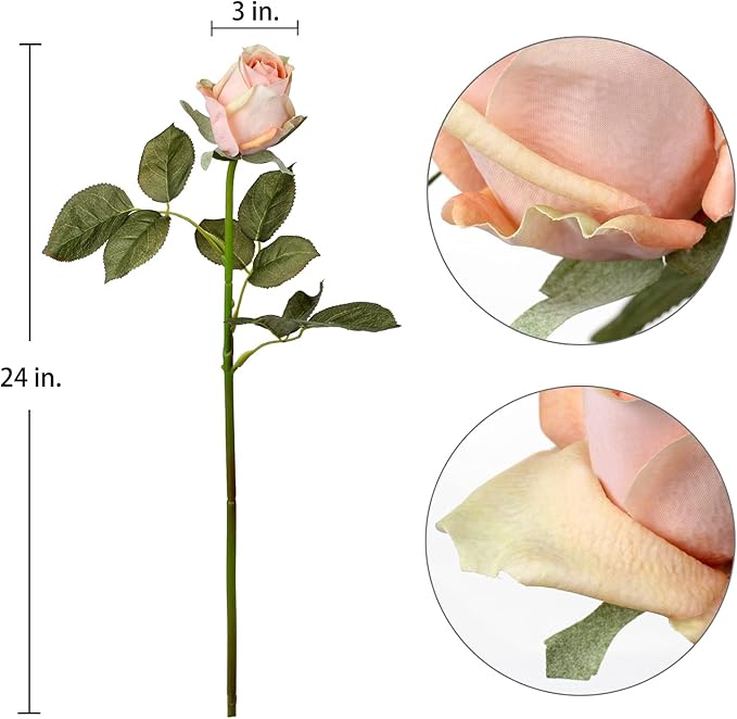 DILATATA Artificial Realistic Roses Peach Flowers 24" Real Touch Silk Roses Bouquet Long Stems Rose Fake Roses Decor for Home Party Wedding Table Centerpieces Roses Realistic - 5 Pcs