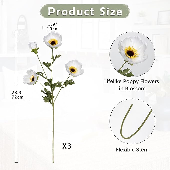 28.3" White Artificial Flowers Poppy Flowers 3Pcs Silk Fake Poppy Flowers Real Touch Faux Poppies Spring Flower Long Stem Arrangement with 4 Heads for Party Centerpiece Bouquet Table Home Decoration