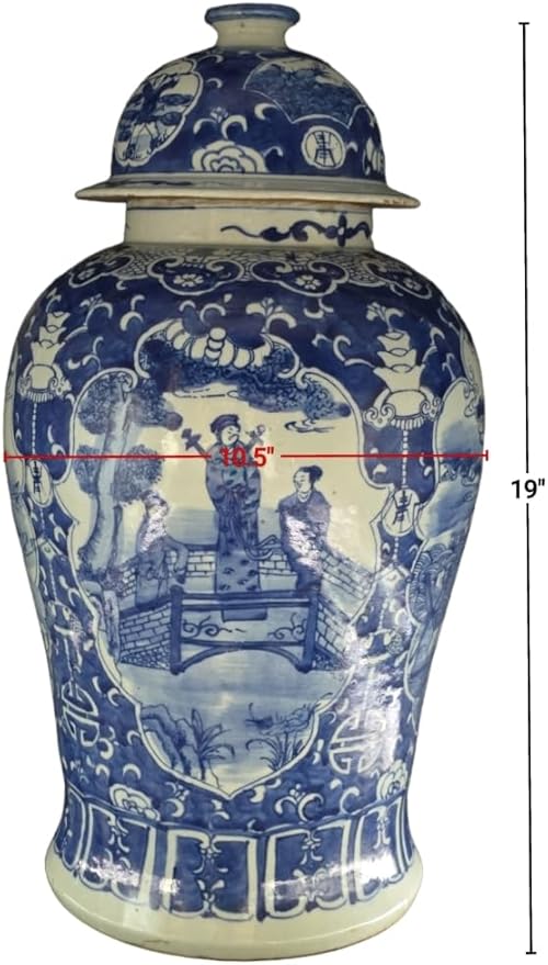 19" Antique Like Finish Blue and White Ginger Jars Porcelain Temple Ceramic Ginger Jar Vase, Antient Warriors China Ming Style, Jingdezhen(L4)