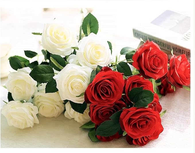 Jasion Artificial Roses 10 Heads Faux Flower Arrangement Silk Bouquet for Home Office Parties and Wedding Decoration (Red)
