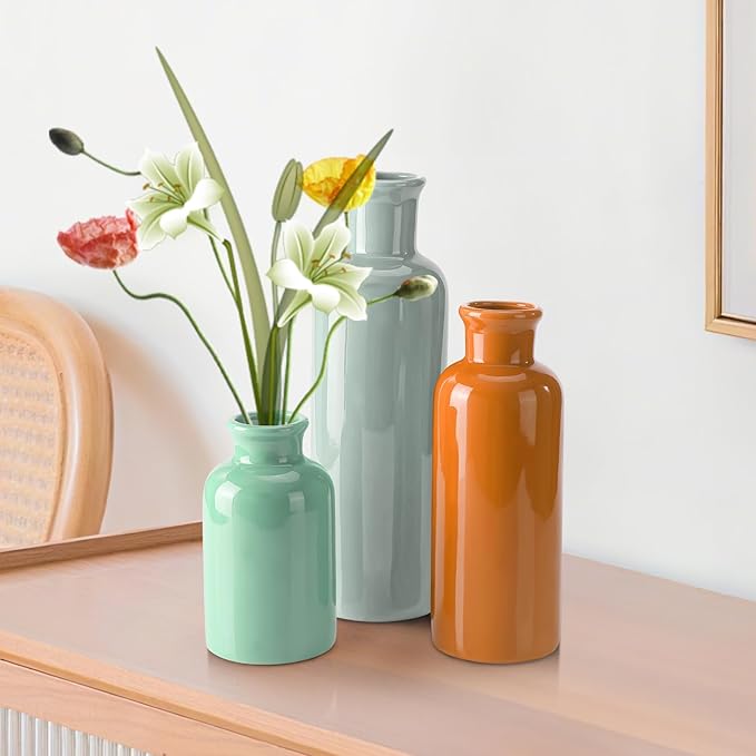 Small Ceramic Vase Set of 3, Boho Modern Flower Vase Room Decor, Farmhouse Decor, Vases for Your Kitchen, Bathroom, Bedroom, Living Room, Office&Shelf Centerpiece Table Decorations