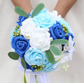 Lightweight Bridal Wedding Bouquet Round Holding Bouquet Throw Toss Artificial Rose Flower Bunch for Bride Bridesmaid Wedding Quinceanera (White, Royal Blue & Light Blue, 9.1")