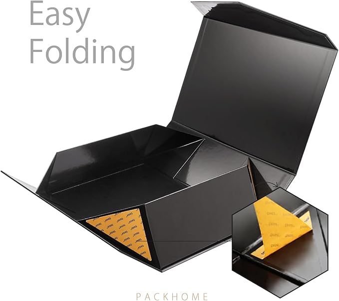 PACKHOME Large Gift Box with Lid 13.5x9x4.1 Inches, Sturdy Collapsible Gift Box with Magnetic Closure (Glossy Black, Grass Texture)