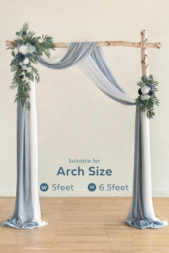 Ling's moment Wedding Arch Draping Fabric 3 Panels 20Ft Blue Chiffon Fabric,Sheer Hanging Drapes Arrangement for Wedding Ceremony Backdrop Party Swag Home Decor (Dusty Blue & Cool Grey & White)