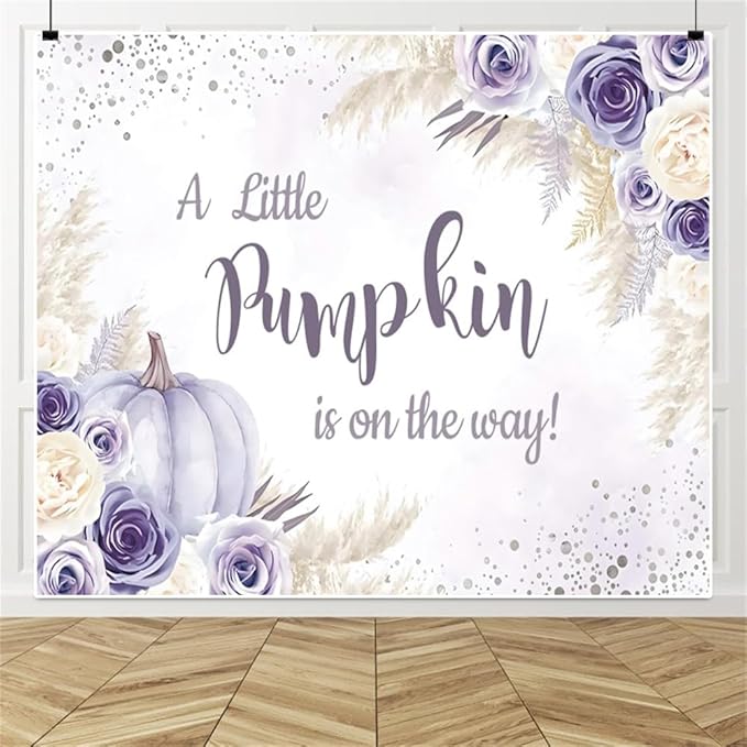 Little Pumpkin Baby Shower Backdrops 10x8ft, A Sweet Little Pumpkin is On The Way Purple Floral Photography Background, Baby Shower Baby Birthday Backdrop Decoration Banner