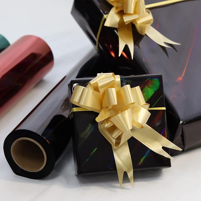 CMFYHM Iridescent Black Cellophane Wrap Roll I 34 In Wide X 50 Ft Long I Colorful Cello Perfect For Baskets,Gifts, Treats,Birthday Holiday Wedding Floral, Party Arts Crafts Decoration (Black)
