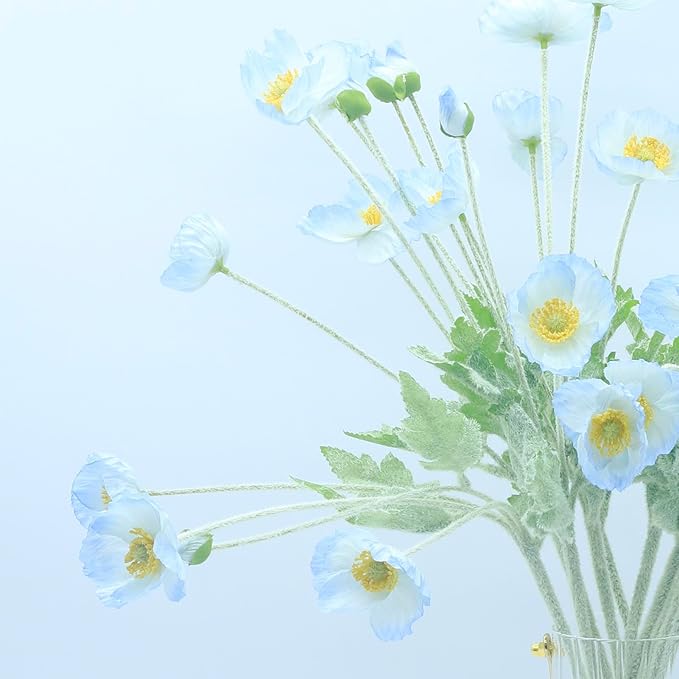 2 Pcs Artificial Fake Flowers Plants Poppies Silk Flower Arrangements Wedding Bouquets Decorations Plastic Floral Table Centerpieces for Home Kitchen Garden Party Decor Approx 23.6" High - Light Blue