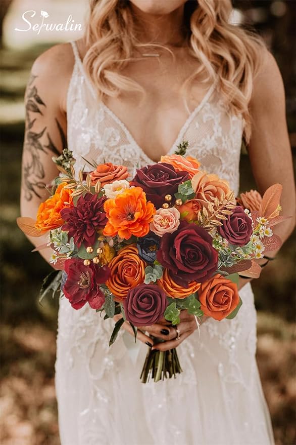Serwalin Artificial Fall Flowers Orange Burgundy Silk Flowers Wedding Flowers Combo for Cake Home Party Decoration, Fake Flowers for Bridal Bouquets Floral Arrangements