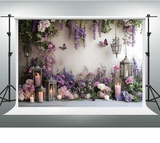 YongFoto Elegant Flower Wall Backdrop 10x6.5ft Floral Butterfly Candle Photography Background Baby Bridal Shower Wedding Girl Birthday Party Banner Room Decor Portrait Photoshoot Wallpaper Photo Booth