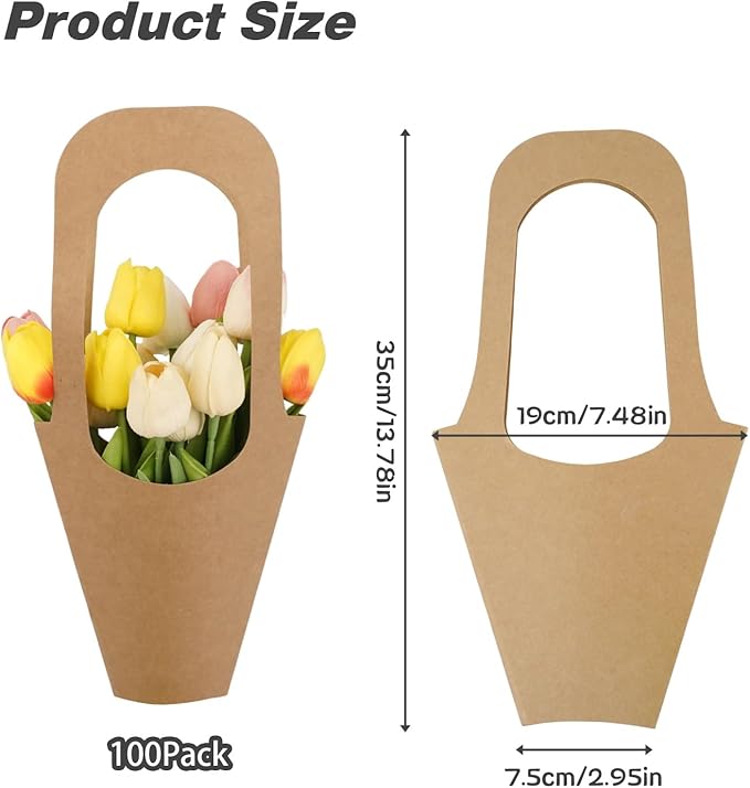 Jeqqinuz 100 PCS Flower Bags for Bouquets, Kraft Paper Gift Bags with Handle, Floral Wrapping Paper for Bouquet Packaging, Wedding Graduation Party Favors, Brown Cone Sleeves Home Decoration