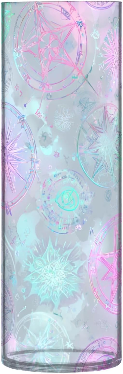 Flower Vase Clear Plastic Cylinder Vases Decor for Centerpieces Home Storage Office Weddings Rainbow Color Circular Pentagrams Stars 11.8 x 3.9 in