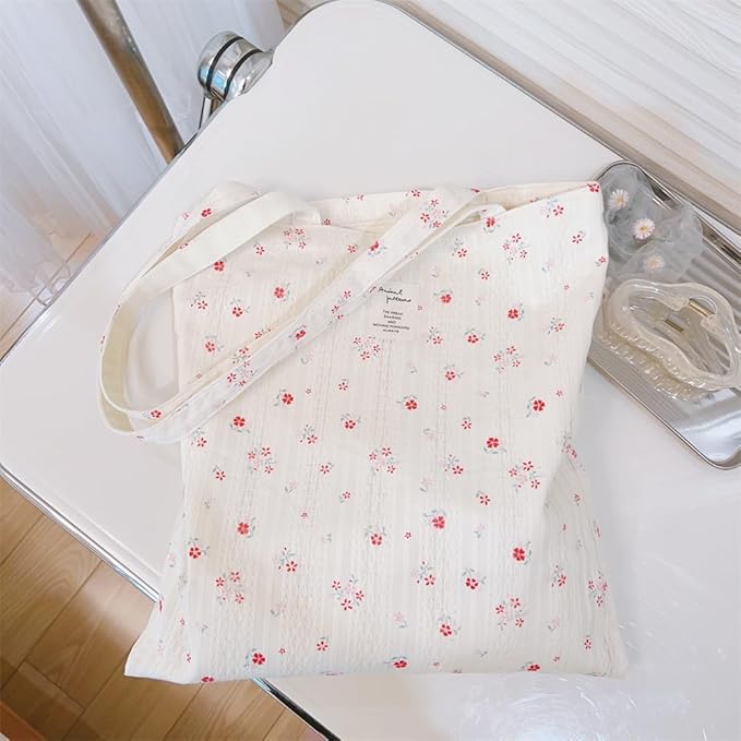 Cotton Canvas Tote Bag Reusable Soft Grocery Cloth Bag Floral Shoulder Bag for Beach Travel Shopping