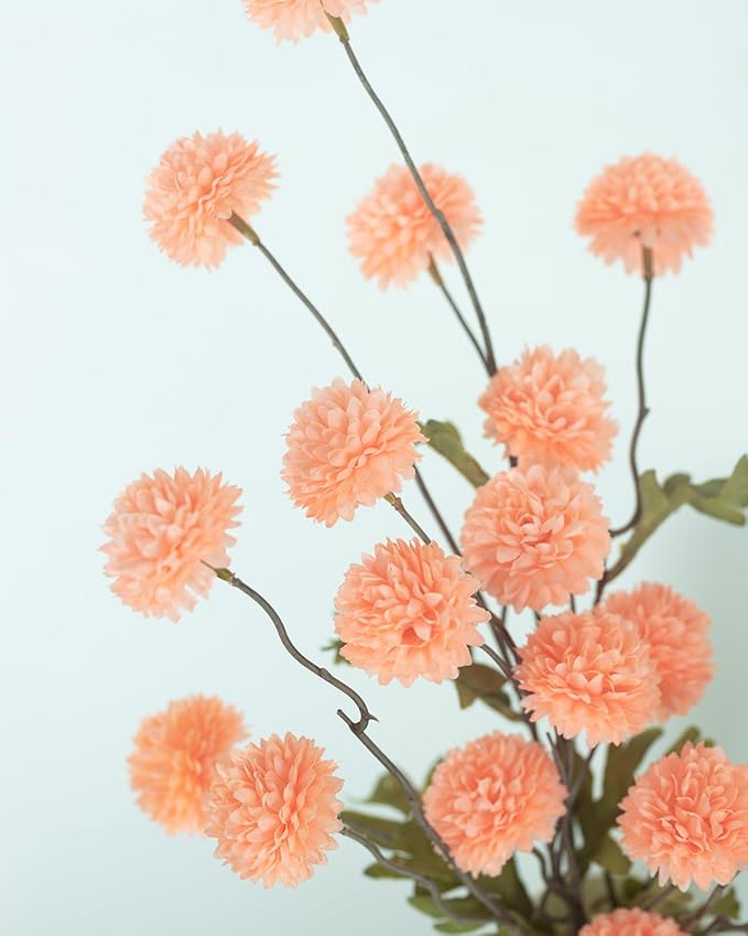 DuHouse 6pcs Artificial Flowers Faux Silk Pompon Mum,Silk Small Mini Chrysanthemum Ball with Stems for DIY Wedding Bouquets Centerpieces Vase Home Table Kitchen Decorations(Peach Fuzz)
