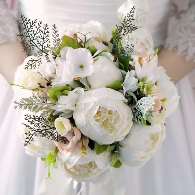 2 Packs Artificial Peony Flowers Silk Peonies Fake Flower Bouquet Arrangements for Home Wedding Party Decoration (White)
