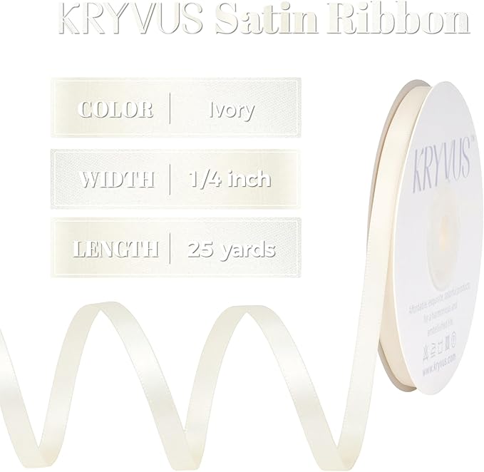 Ivory Satin Ribbon, Double Faced 1/4 Inch X 25 Yards Ivory Ribbon, Premium Satin Ribbon for Gift Wrapping, Crafts, Hair Bow Making, Sewing, Flower Bouquet, Wedding Party Decor
