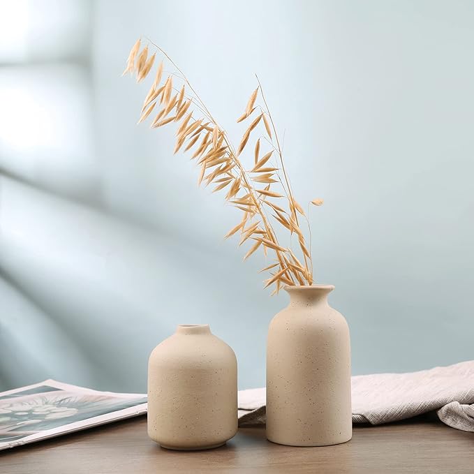 Ceramic Vase,Small Vases for Decor,Set 3 Modern Boho Vases for Flower Pampas,Fit for Living Room Desk Shelf Decor (Beige)