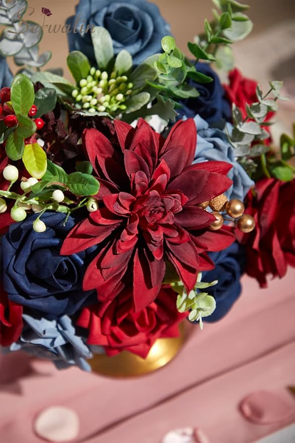 Serwalin Artificial Flowers Fake Cake Flowers Burgundy Navy Dahlia Flowers Box Set for DIY Wedding Bouquets Centerpieces Arrangements Party Baby Shower Home Decor