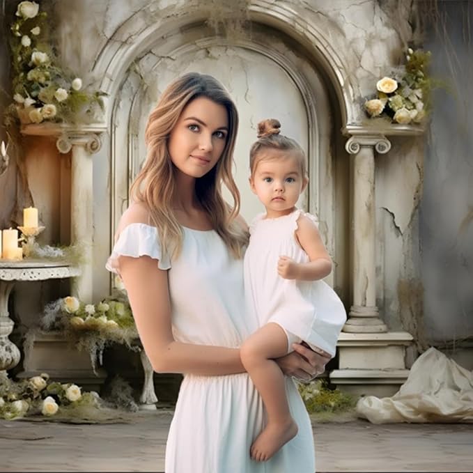 7x5ft Vintage Concrete Building Wall Backdrop Retro Candle White Floral Photography Background for Wedding Mothers Day Valentines Day Bridal Birthday Princess Couples Women Portraits